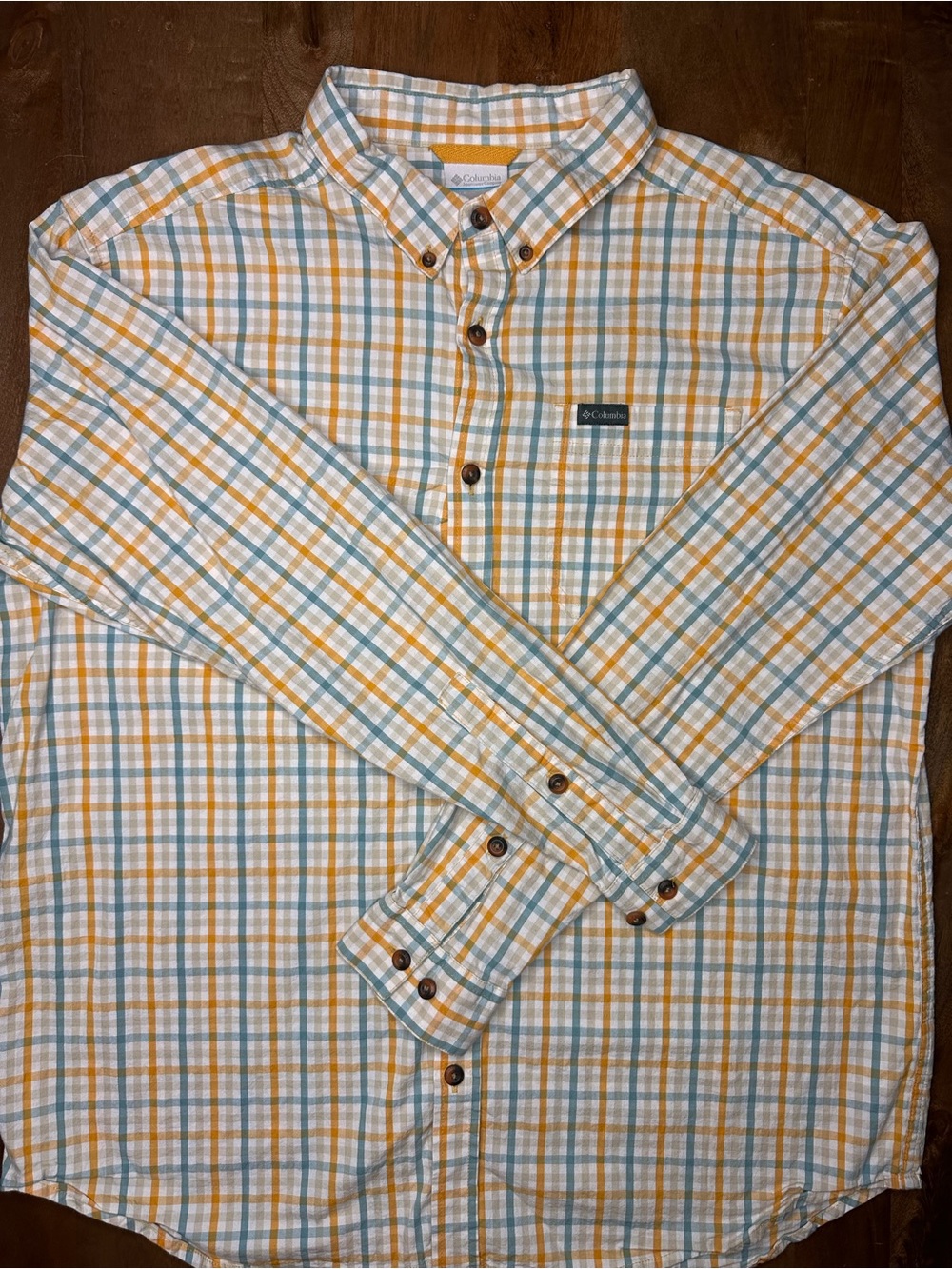 Columbia Men’s Long-Sleeve Plaid Button-Down Shirt - White, Yellow, Teal